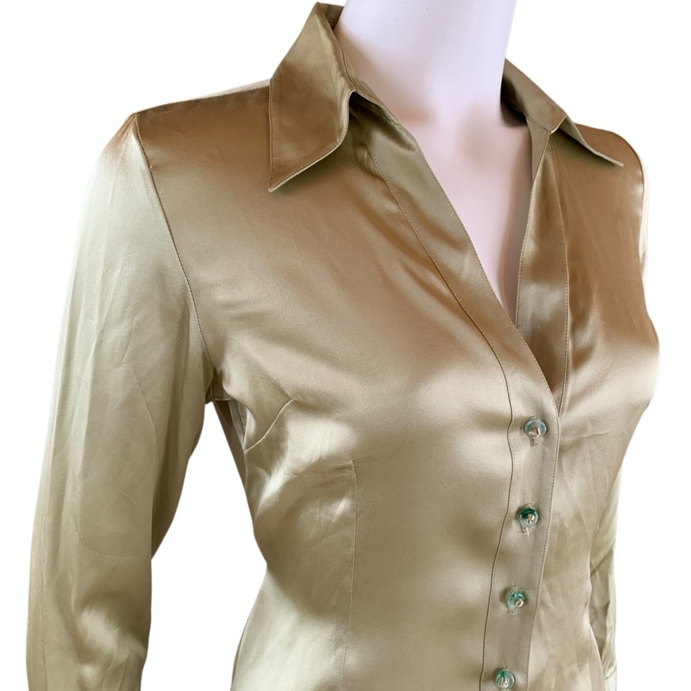 Annabel Lee Silk Button Front Blouse Medium Celery Green Tie Back